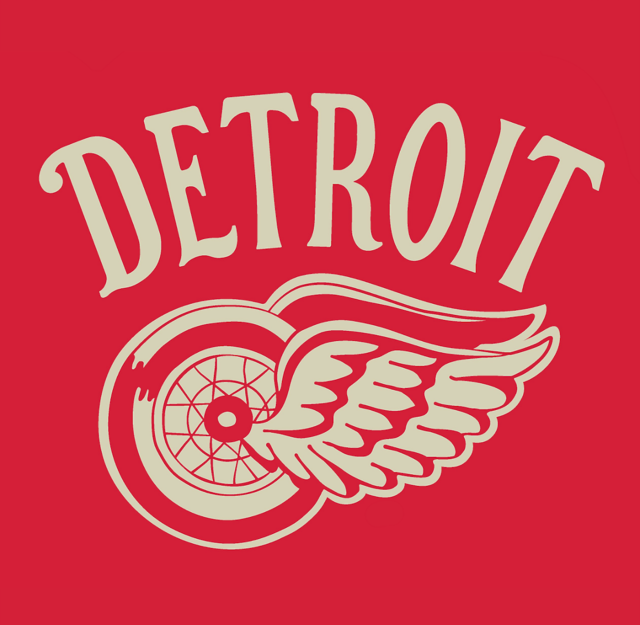 Vintage-inspired graphic with cream-colored “DETROIT” lettering above a Red Wings illustration, all set against a red background.